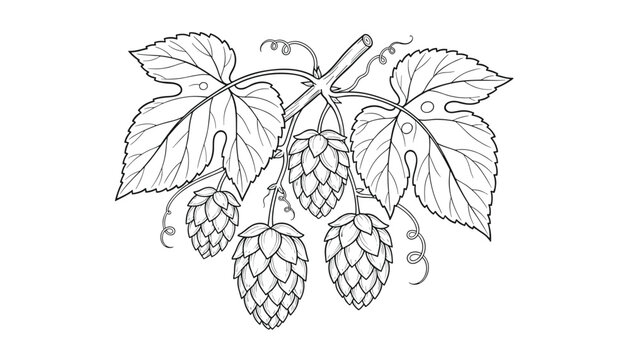 Hand-drawn botanical sketch illustrates hop cones hanging from a vine with detailed leaves and spiraling tendrils.