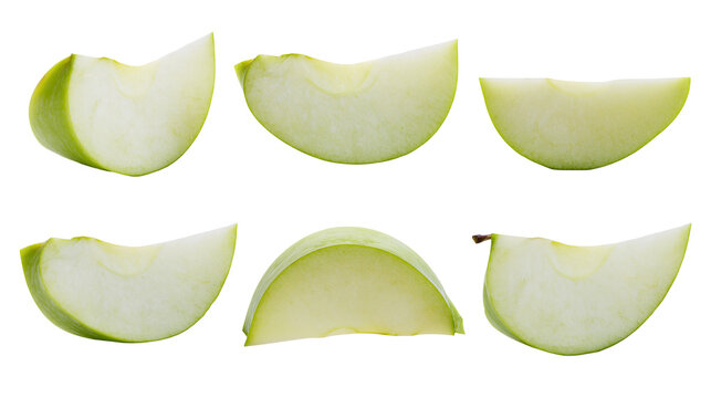 Six green apple slices with seeds visible in one slice