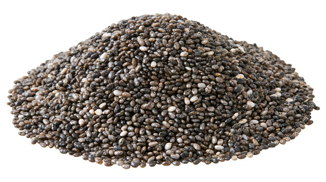 Pile of small chia seeds with black and white speckles