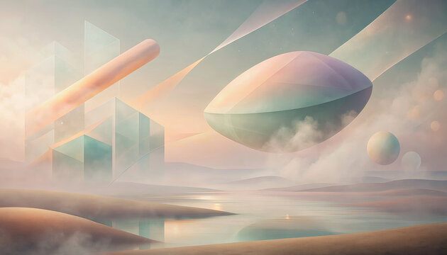 Surreal cosmic landscape with floating planets and spheres in misty sky 霧がかった空に惑星や球体が浮かぶ超現実的で幻想的な宇宙風景イラスト背景