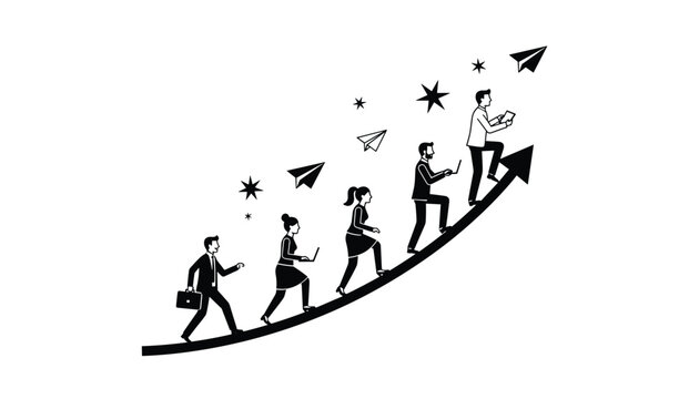 Team of ambitious business professionals climbs up a large rising arrow towards paper airplanes and golden stars.