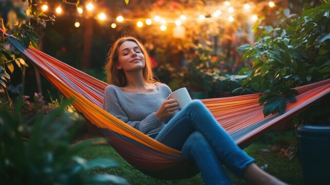 woman relaxing in hammock at sunset