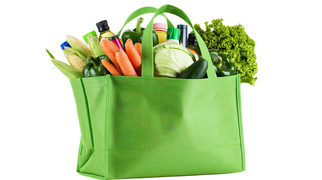 Green reusable bag filled with fresh vegetables and bottles
