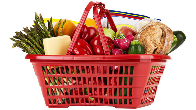 Red shopping basket full of fresh groceries and bread