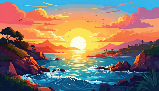 Sunset over the ocean water waves.