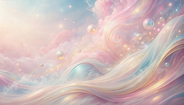 Pastel dreamlike fantasy cloud landscape with celestial bodies and soft waves of light 天体と柔らかな光の波が広がる夢のようなパステルカラーのファンタジー雲海背景
