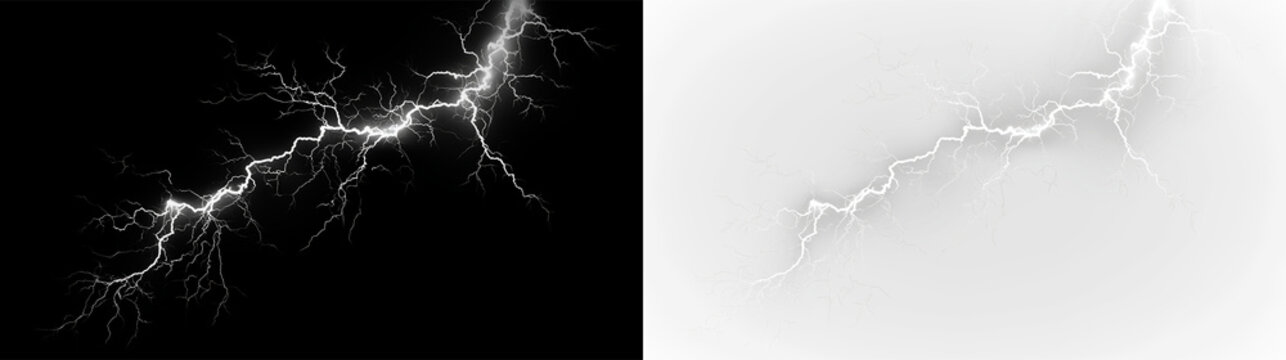 White lightning bolt isolated on transparent and black background creating a striking visual effect in simple design, light overlay, PNG