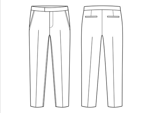 Slim Fit Office Trousers, Cropped Tailored Pants Front and Back View. Fashion Flat Sketch Vector Illustration, CAD, Technical Drawing, Flat Drawing, Template, Mockup.