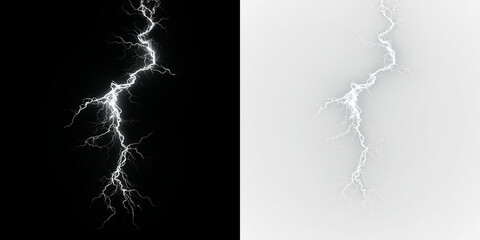 White lightning bolt strikes down from clouds in a stormy background, light overlay, PNG © Liubov