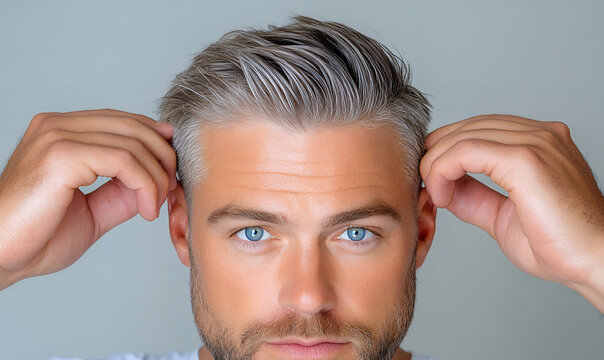 A man with stylish short gray hair, tanned skin, and blue eyes, gently touches his hair