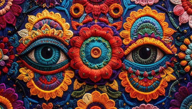 A vibrant, intricately designed floral pattern featuring two human eyes