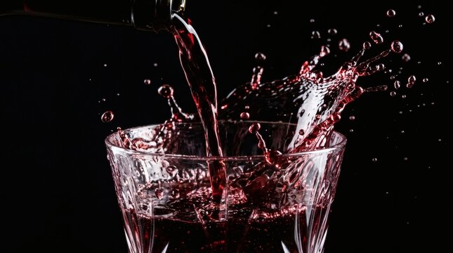 Red wine being poured into a clear glass with a dynamic splashing effect