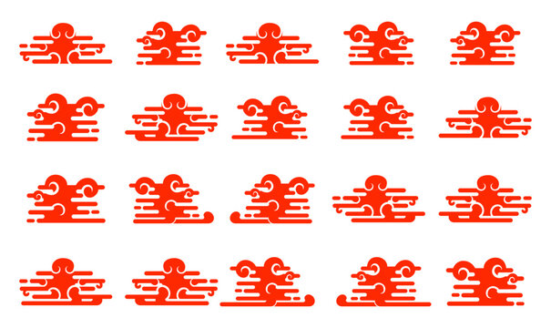 Set of traditional japanese cloud set vector graphics orange silhouettes. Stylized cloud elements classic japanese art and ukiyo-e motifs. Vibrant orange smooth.