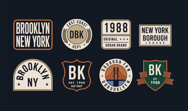 Brooklyn New York Vector Badges Set with Retro Urban Typography Emblems for Apparel T-Shirt Design