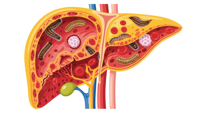 Human liver cross section with parasitic worms and blood cells