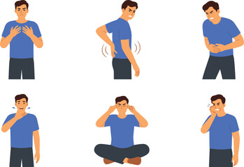 Fototapeta premium Flat Vector Set of Men Feeling Pain and Physical Discomfort Symptoms for Healthcare Information Medical Infographics and Wellness Product Designs