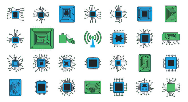 Computer chip and circuit board icons in blue and green