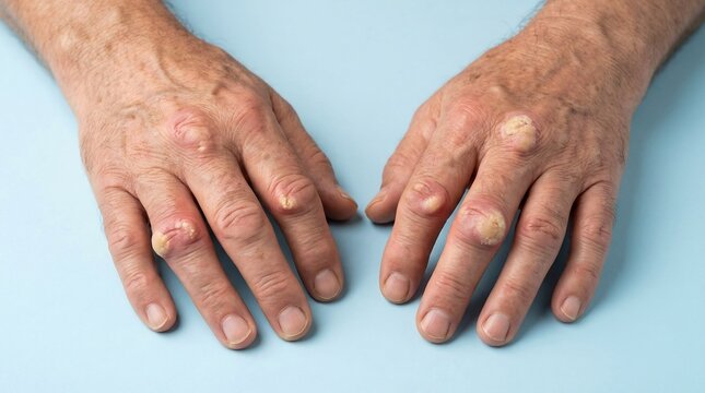 Close-up of elderly hands showing swollen joints and nodules on knuckles against blue background