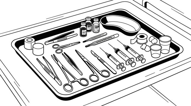 Medical tools on a tray.