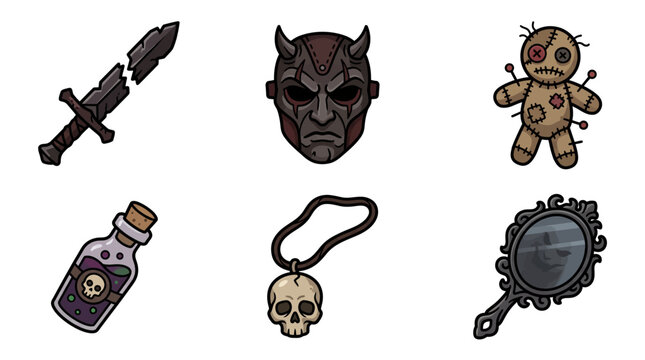 Set of dark occult and gothic magic items including a demon mask, voodoo doll, skull necklace, and potion bottle