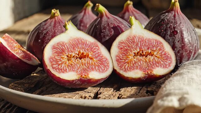 Ripe whole and halved purple fruit on rustic plate with natural sunlight