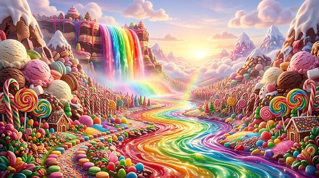 Colorful Fantasy Landscape with Rainbow Waterfall and Candy.