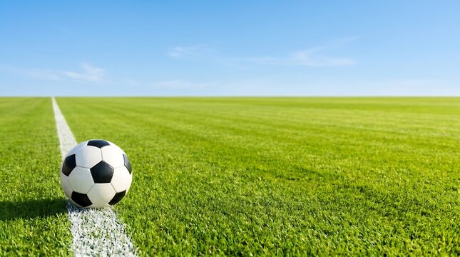 A soccer ball rests on the white sideline of a vibrant green grass field under a clear blue sky, ready for play.