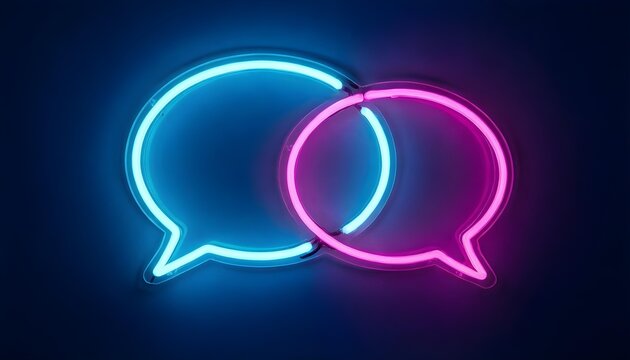 Bright neon chat bubbles in blue and pink glowing against a dark background