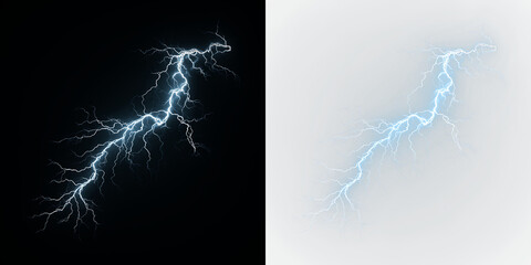 Blue and white bright lightning bolt striking against isolated on transparent and black background during a storm in the evening sky, light overlay, PNG © Liubov
