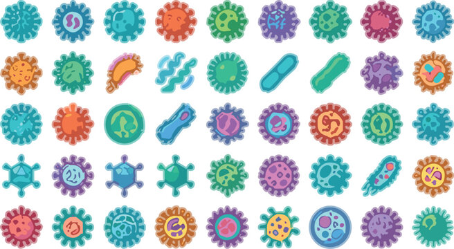 Colorful Bacteria and Virus Microorganism Icon Set with Different Types of Germs Pathogens Cells and Infographic Vector ElementsColorful Bacteria and Virus Microorganism Icon Set with Different Types 