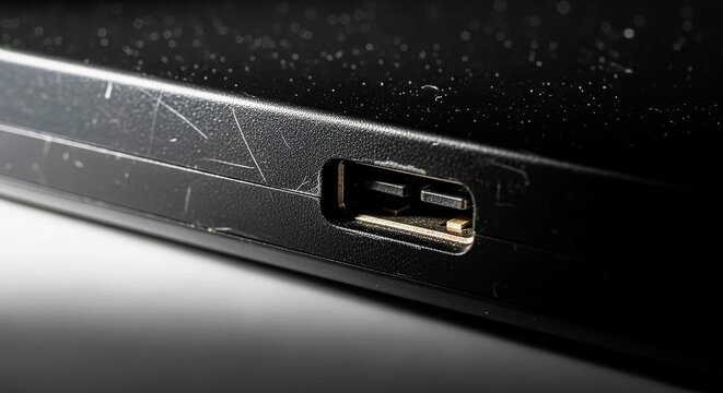Close-up of USB-C port on sleek black electronic device with cracked surface