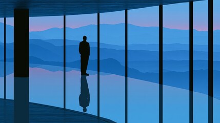 Fototapeta premium Silhouette of a man standing in a modern building with large windows, looking out at a serene blue mountain landscape at dawn or dusk, reflecting on the polished floor