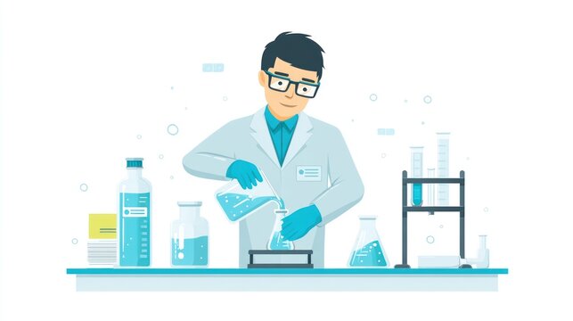 Cartoon-style scientist pouring blue liquid between flasks on a lab bench
