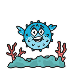 Playful pufferfish illustration with corals © Vexels