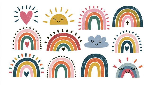 Minimal hand drawn rainbow icons and positive symbols on white background showcasing uplifting inclusive design and cheerful stationery concept