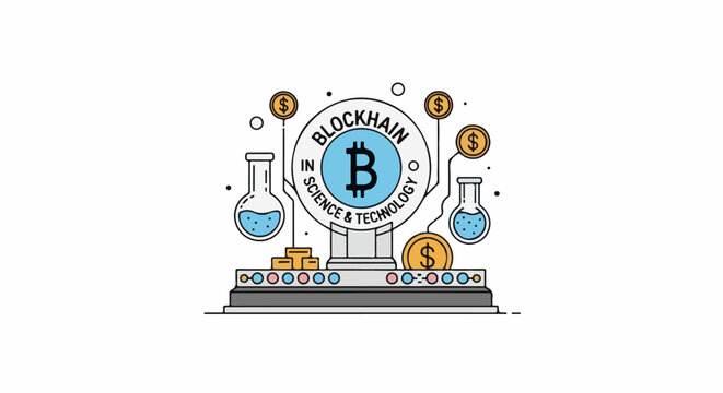 A colorful illustration of a laboratory setting with a large blue Bitcoin logo surrounded by beakers, coins, and a sign reading "Blockchain in Science & Technology