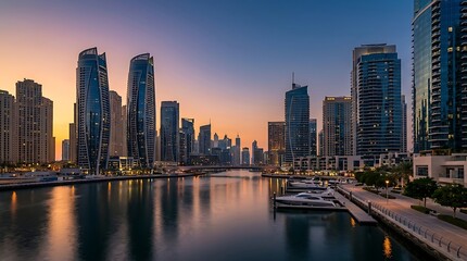 Fototapeta premium Stunning Cityscape at Dusk with Reflections in Water.