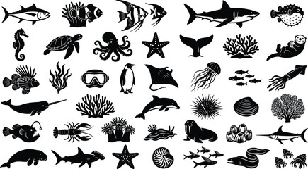 Sea Life Vector Silhouette Icon Set with Shark Octopus Turtle Dolphin Coral and Whale Tail Graphics for Marine Biology and Ocean Nautical Designs © SUMON