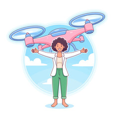 Obraz premium Woman standing with outstretched arms and drone.