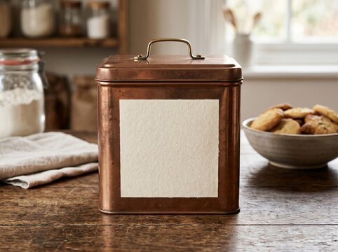 Copper metal cookie tin with blank square paper label and brass handle in cozy kitchen