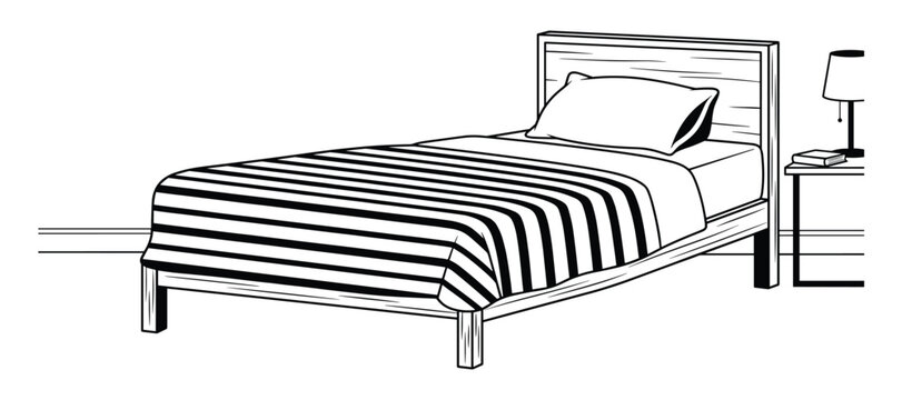 Simple line drawing of a single bed with mattress pillow blanket and bedside table.