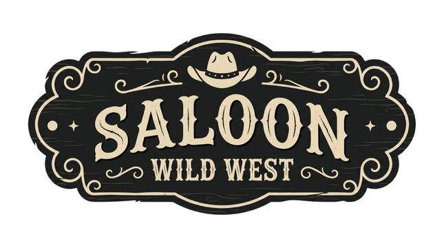 Vintage Western Saloon Signage Featuring Decorative Typography and Cowboy Hat Icon for Rustic Bar or Tavern Decor Theme