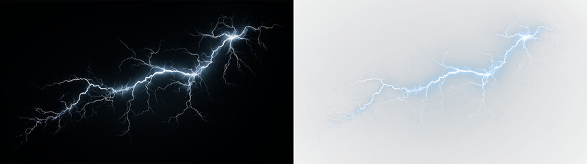 Blue and white lightning bolt striking isolated on transparent and black background with clear details of electric energy and motion captured in a vivid form, light overlay, PNG © Liubov
