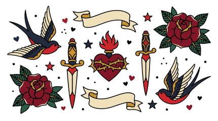 Traditional Old School Tattoo Design Elements Set featuring Roses, Swallows, Daggers and Sacred Heart on White Background © Rishi