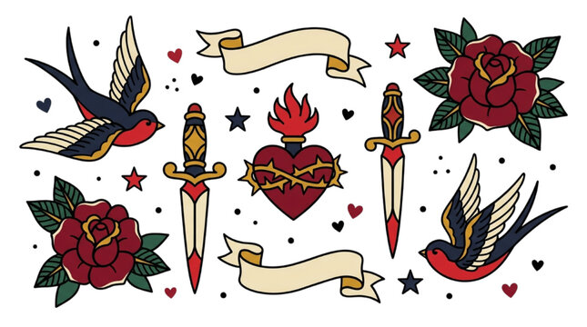 Traditional Old School Tattoo Design Elements Set featuring Roses, Swallows, Daggers and Sacred Heart on White Background