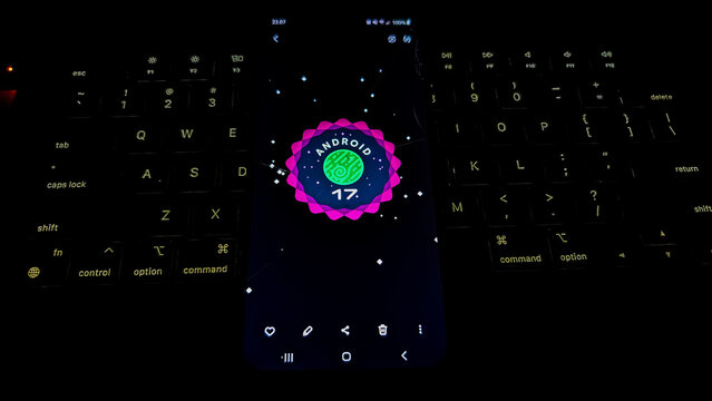 Bandung, Indonesia - June 17 2026: Android 17 OS or operating system version update on smartphone screen for mobile software development platform release featuring advanced technology features.