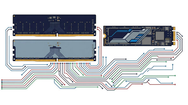 Abstract Illustration of Computer RAM Memory Modules with Colorful Electronic Circuit Board Traces