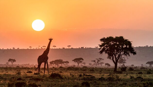 Giraffe silhouetted against golden sunset savanna landscape.