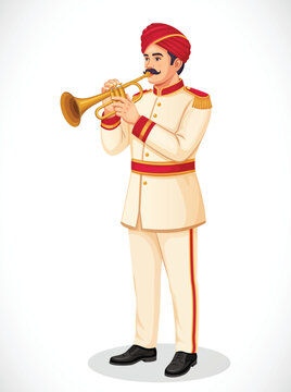 Vector design of a music master performing in a Baraat at an Indian wedding ceremony. Indian Marriage Symbol Baraat, Music Player. character for traditional wedding invitation card
