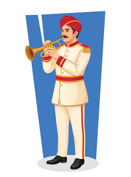 Vector design of a music master performing in a Baraat at an Indian wedding ceremony. Indian Marriage Symbol Baraat, Music Player. character for traditional wedding invitation card